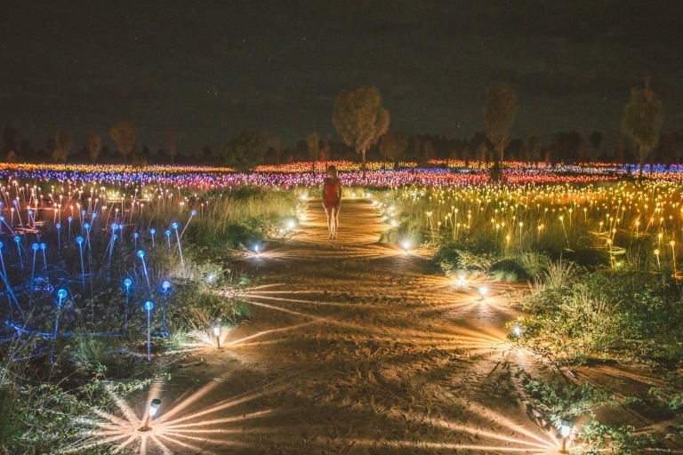 Seorang pengunjung berjalan menyusuri instalasi seni Field of Light © Tourism NT/Mitchell Cox