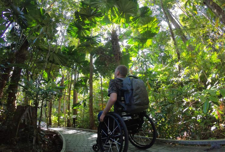Seorang pria duduk di kursi roda menelusuri jalur di Daintree Rainforest, Queensland © Tourism and Events Queensland