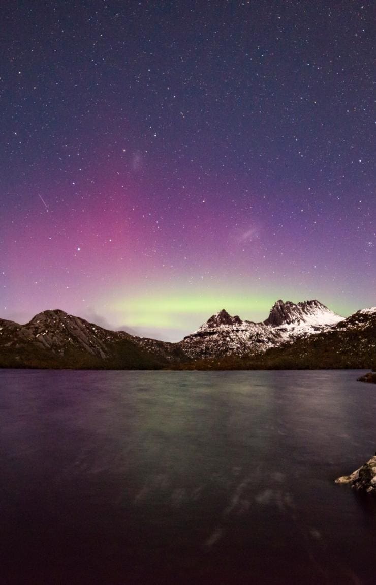 The Aurora Australis (Southern Lights) shining in purple and green hues behind the snow-capped peaks of Cradle Mountain-Lake St Clair National park, Tasmania © Pierre Destribats