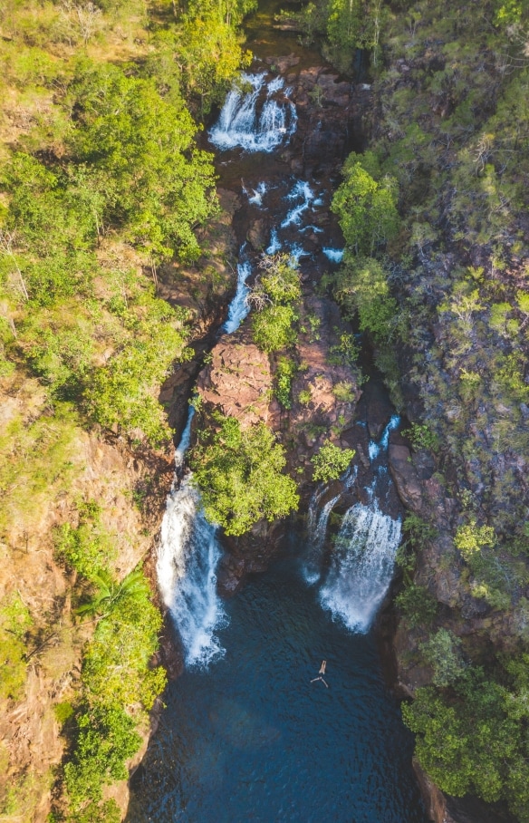 Aerial view over a person floating in a natural blue pool surrounded by trees with two large waterfalls cascading down at Florence Falls, Litchfield National Park, Northern Territory © Tourism NT/Dan Moore