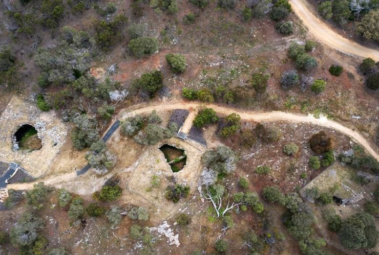 Aerial view over the openings to Naracoorte Caves and surrounding trees, Naracoorte, South Australia © Tourism Australia