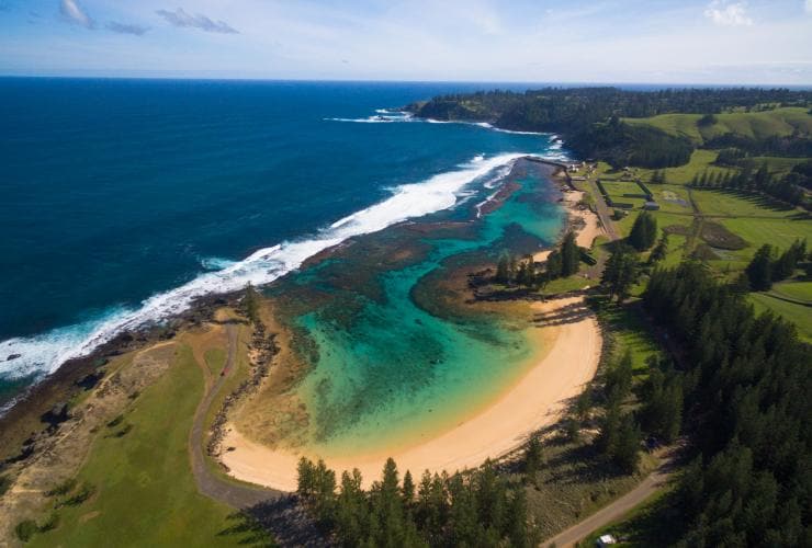 Aerial view over a curved bay with golden sand and clear turquoise water, with pine trees and grass lining the shore at Emily Bay, Norfolk Island © Bare Kiwi