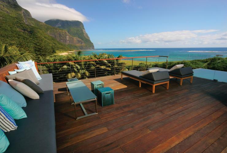 A balcony with lounges, chairs and a plunge pool overlooking the ocean at Capella Lodge, Lord Howe Island, New South Wales © Capella Lodge