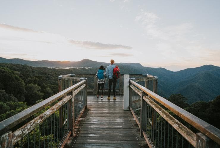 Two people standing at the edge of the Dorrigo Skywalk overlooking the lush expanse of Dorrigo National Park, New South Wales © Branden Bodman