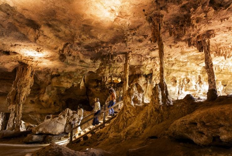 A group of people descending stairs surrounded by rock formations in Naracoorte Caves, Naracoorte, South Australia © Tourism Australia