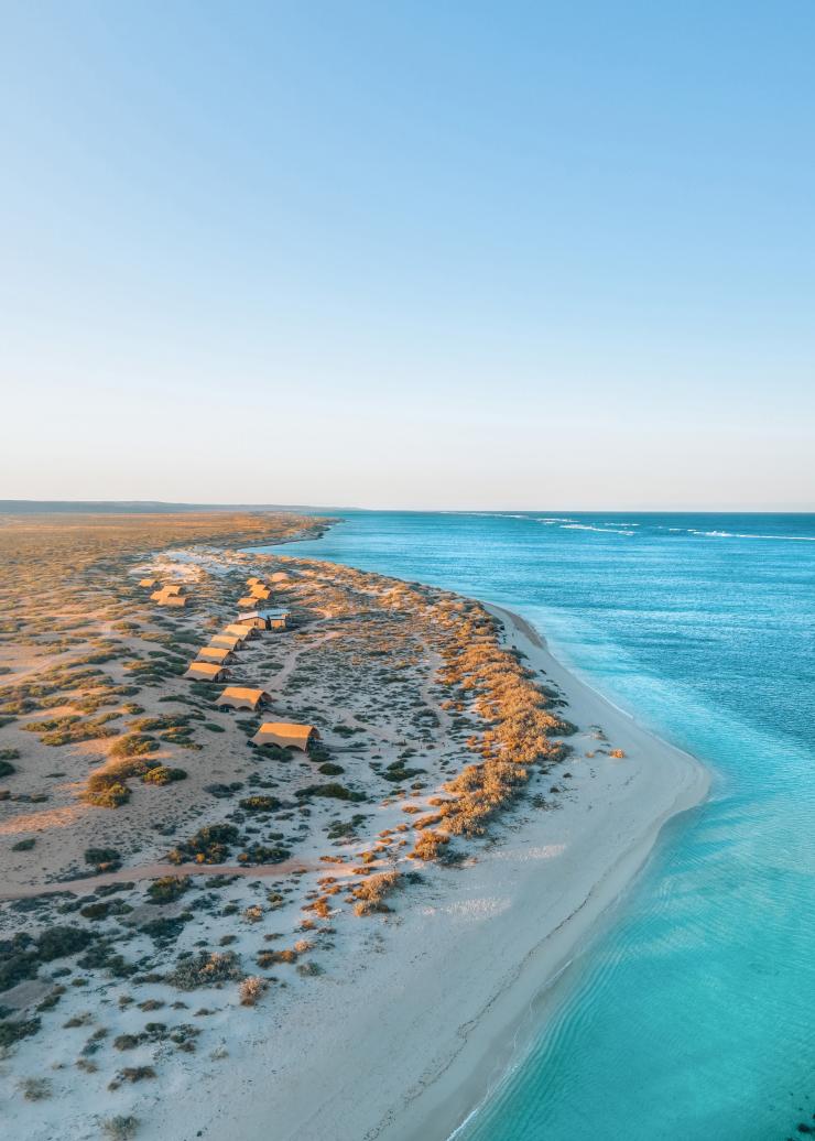 Aerial view of tents tucked within bushy sand hills fringing a white sand beach and bright turquoise water at Sal Salis, Ningaloo Reef, Western Australia © Sal Salis Ningaloo Reef