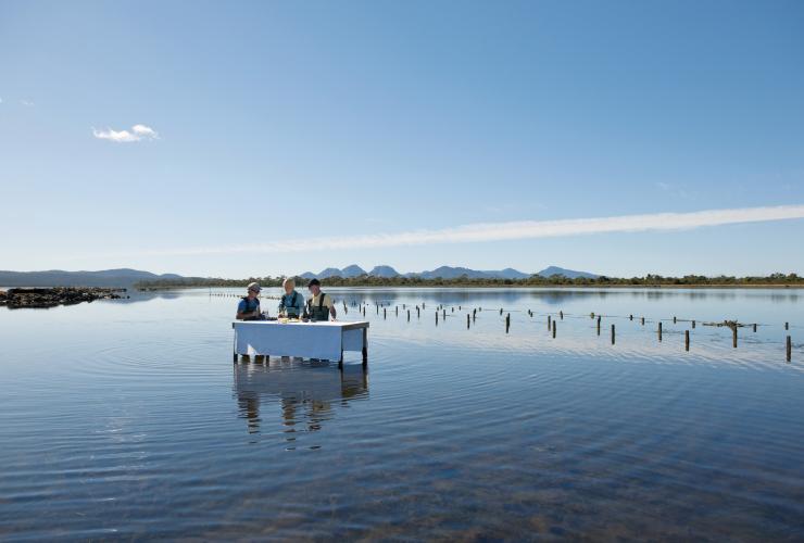 Three people wearing waders and standing around a table in the ocean enjoying wine and oysters at the Freycinet Marine Oyster Farm, Saffire Freycinet, Tasmania © Tourism Tasmania