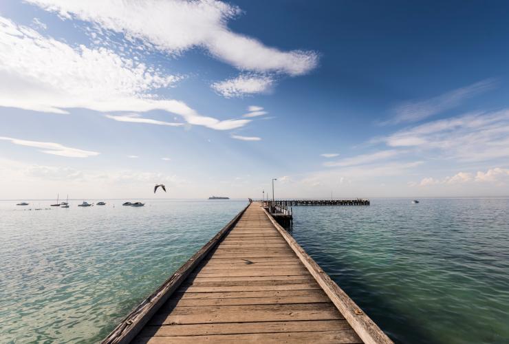 A long, thin pier stretching out over clear blue water with boats nearby and seagulls flying overhead at Portsea Pier, Mornington Peninsula, Victoria © Mornington Peninsula