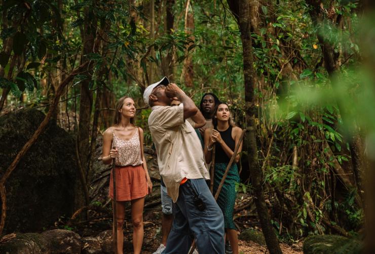 An Aboriginal guide making a calling motion towards the sky as a group of people follow him through the trees during a tour Mossman Gorge Centre, Daintree, Queensland © Tourism and Events Queensland