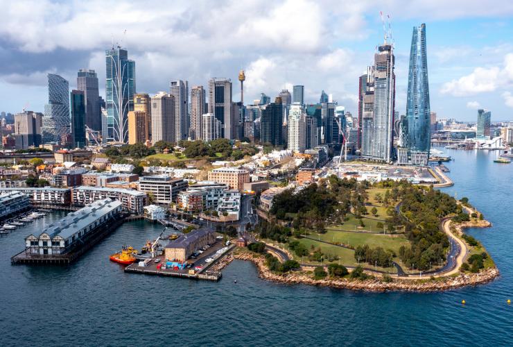 Aerial view of Marrinawi Cove, Barangaroo Reserve and the Sydney skyline in New South Wales © NSW Government