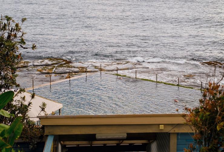 Looking over the entrance to Wylies Baths with a person swimming in the still water beyond and the ocean in the background, Coogee, New South Wales © Destination NSW