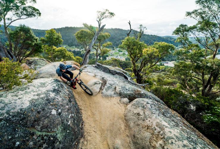 Seseorang mengendarai sepeda gunung mengitari belokan sempit di sisi permukaan bebatuan yang menghadap ke pepohonan dan kota di bawahnya di Blue Derby Mountain Bike Trails, Derby, Tasmania © Tourism Tasmania/Revolution MTB